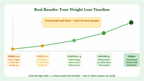before and after concept illustration showing weight loss timeline with calendar and measuring tape for motivation
