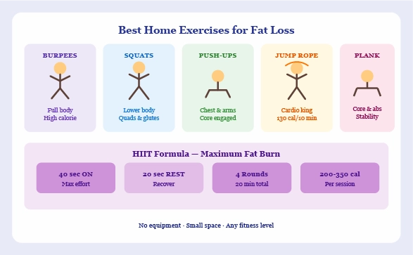 collage of home workout exercises including burpees squats and jump rope representing best no-equipment exercises for fat loss