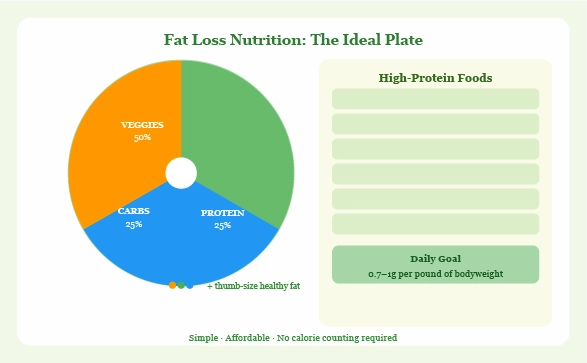 healthy home-cooked meal on kitchen table with vegetables lean protein and whole grains representing fat loss nutrition