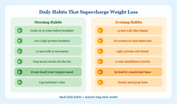 morning routine checklist graphic showing healthy habits like water drinking walking and meal prep for weight loss