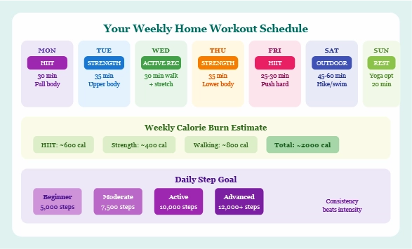 weekly workout calendar planner showing home exercise schedule with rest days for weight loss routine
